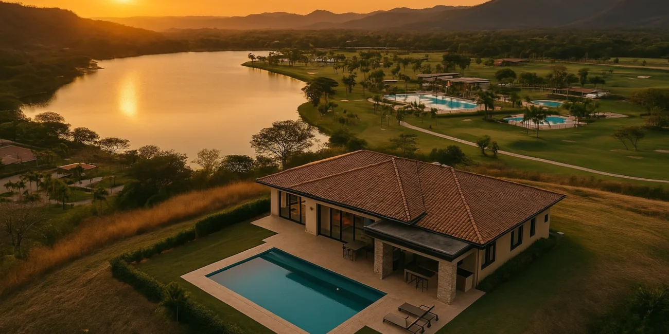Vista aérea de una casa campestre terminada con piscina privada, disfrutando de una vista panorámica al lago y las zonas sociales del condominio campestre. Un ejemplo del estilo de vida que ofrece la venta de lotes campestres cerca de Bogotá en este proyecto de alta valorización.