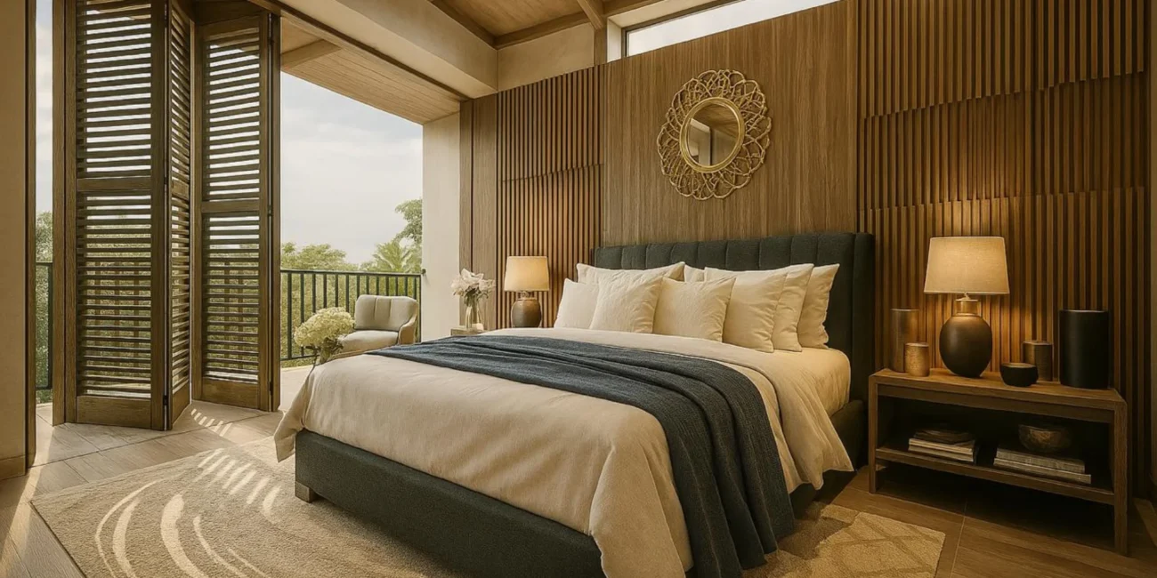 Habitación principal con diseño en madera y balcón hacia la naturaleza. Complementa la oferta de venta de lotes campestres cerca de Bogotá enfocada en el confort y bienestar.