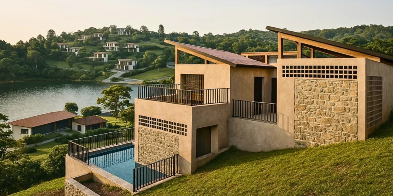 Diseño de casa campestre de lujo con grandes ventanales y piscina iluminada en los lotes en condominio campestre Cundinamarca.